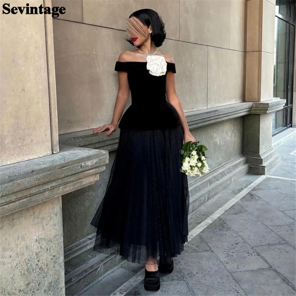 

Sevintage Elegant Black Satin Prom Dress A-Line Off The Shoulder Ruched Ankle Length Simple Evening Dress vestidos para mujer