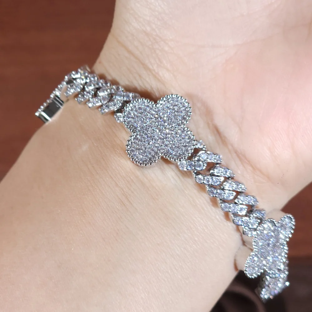 ICEC Flower Cuban Bracelet Iced Out CZ Stones Casting Clasp Women Accessory Hiphop Chain Rocker Bangle Luxury Chains Band