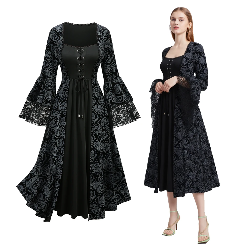 

Платье ROSEGAL больших размеров с люверсами, шнуровкой, кружевной отделкой и цветочным узором, бархатное, осеннее, черное, повседневное, с квадратным вырезом, коллекция 2026