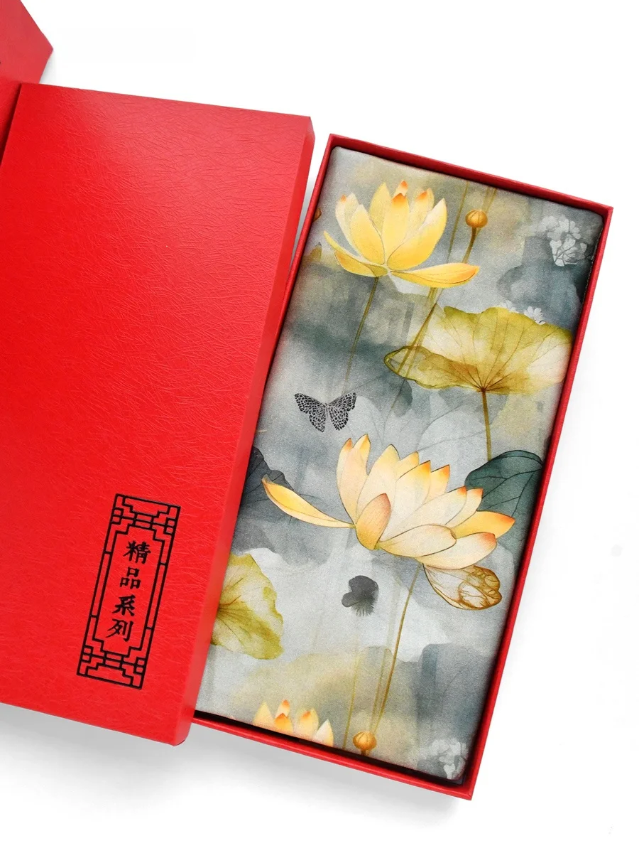 本物のシルクスカーフギフトボックスマルベリーシルク小さな正方形スカーフ中国風蓮の花デザイン海外旅行用お土産