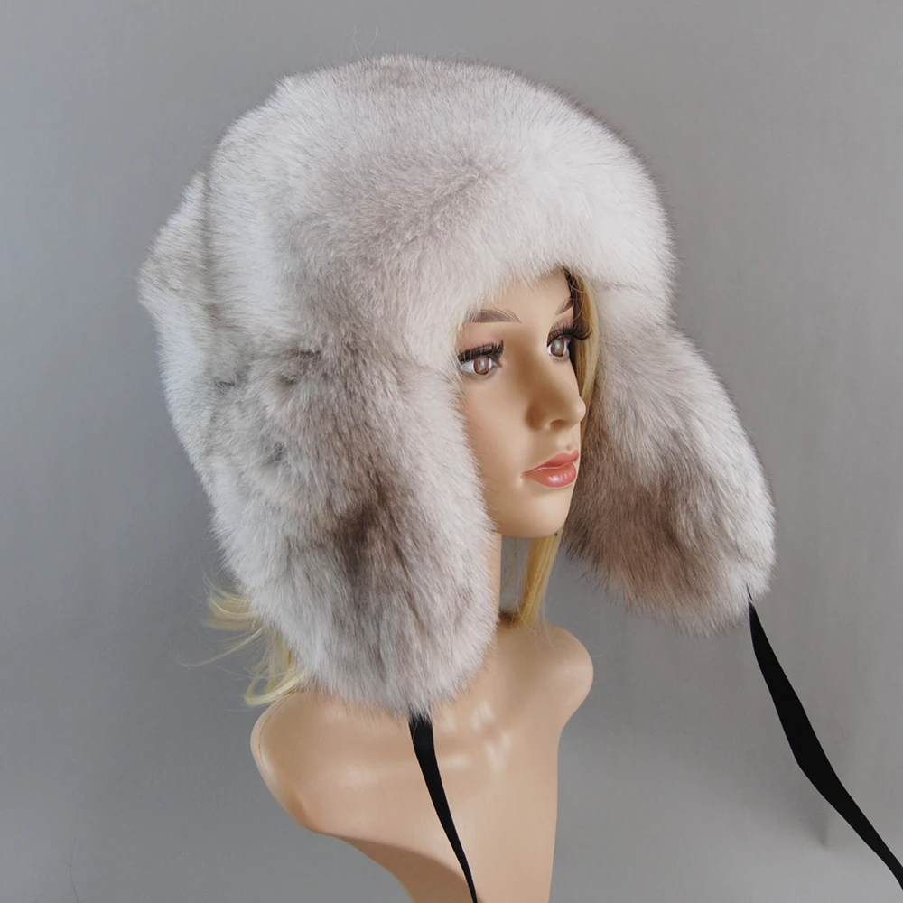 Real Fur 100% Fox Skin Russian Businessmen Pilot Bombers Full Mao Men's hat Ushanka Winter Ear Guard Hat Raccoon Fur Beanie hat