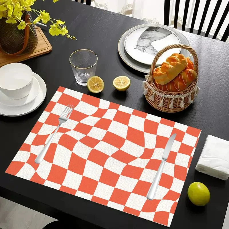 VIKAMA Christmas Placemat Pink Orange White Plaid, Waterproof Oil-Proof Heat-Resistant Dining Table Mat for Holiday Home