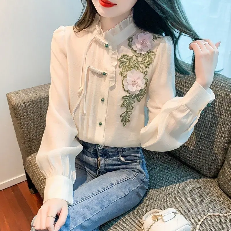 Beautiful Ruffles Stand Collar Chiffon Shirt for Women Spring 2024 New High-Grade Exquisite Embroidered Flowers Blouses Chic Top