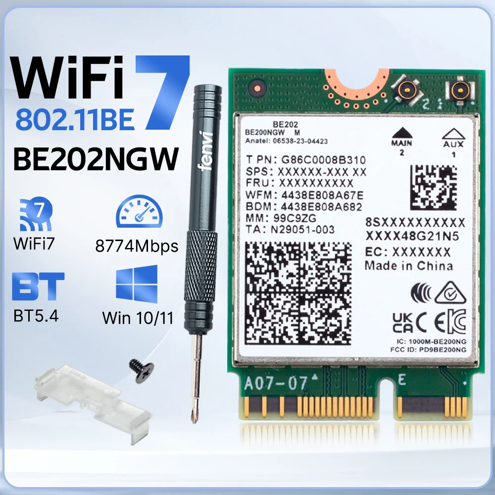 

WiFi 7 for Intel BE202 WiFi Card M.2 Bluetooth 5.4 2400Mbps Tri-Band 2.4G/5G/6GHz BE202NGW WiFi 7 Wireless Network Adapter