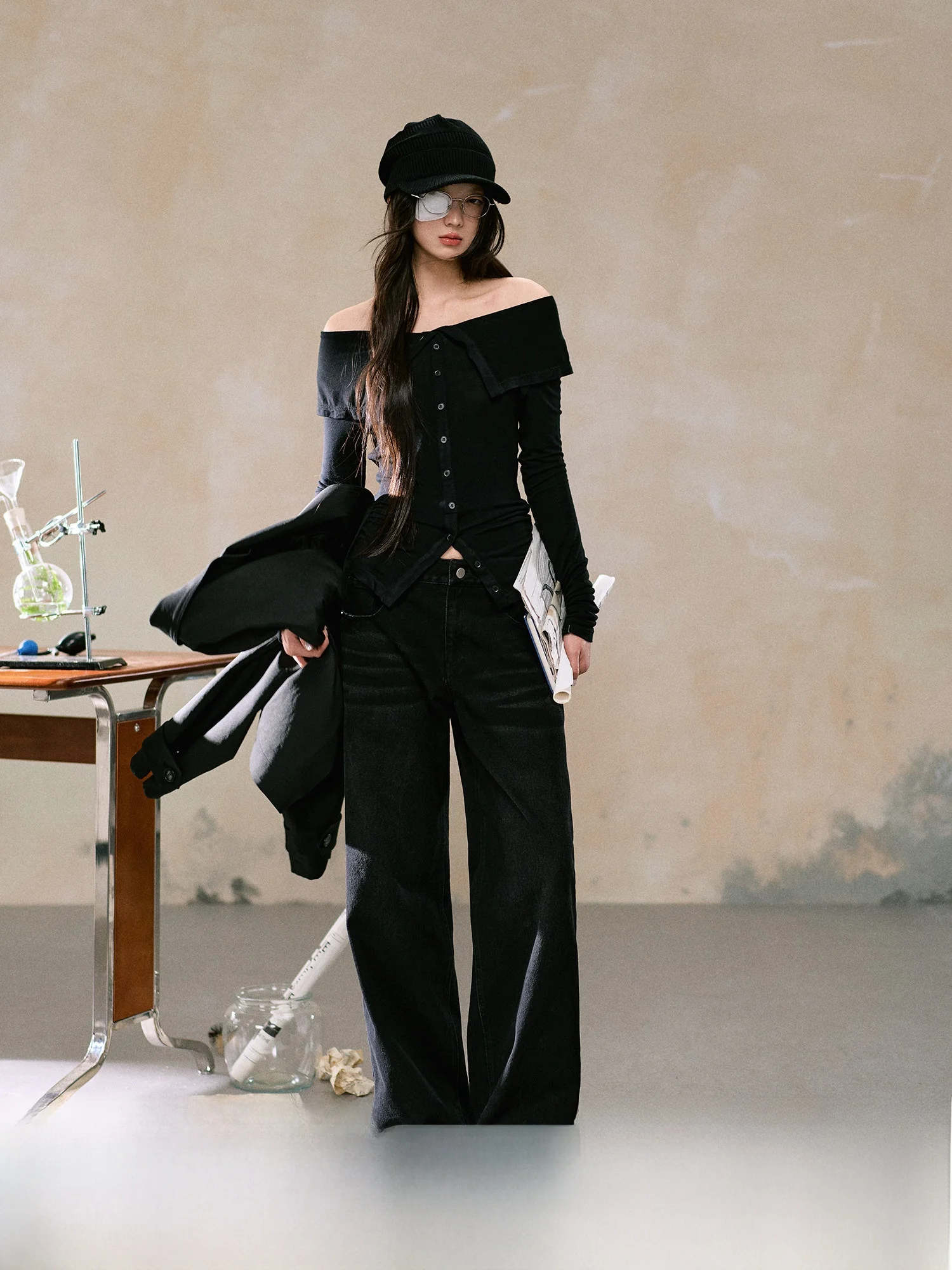 

Женские зимние универсальные джинсы с низкой посадкой, широкими штанинами, эффектом потертости и свободным кроем, длиной в пол