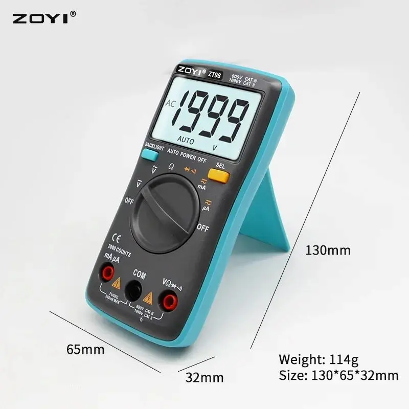 ZOYI Digital Multimeter ZT-98 Auto Range AC and DC Voltage Current Resistance On-off Buzzer Backlit Electrical Instrument Tester