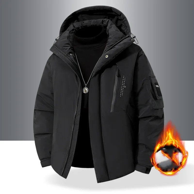 

2025 зимняя мужская куртка-пуховик, утепленная ветрозащитная мужская верхняя одежда с длинными рукавами, простая однотонная свободная повседневная мужская куртка с капюшоном