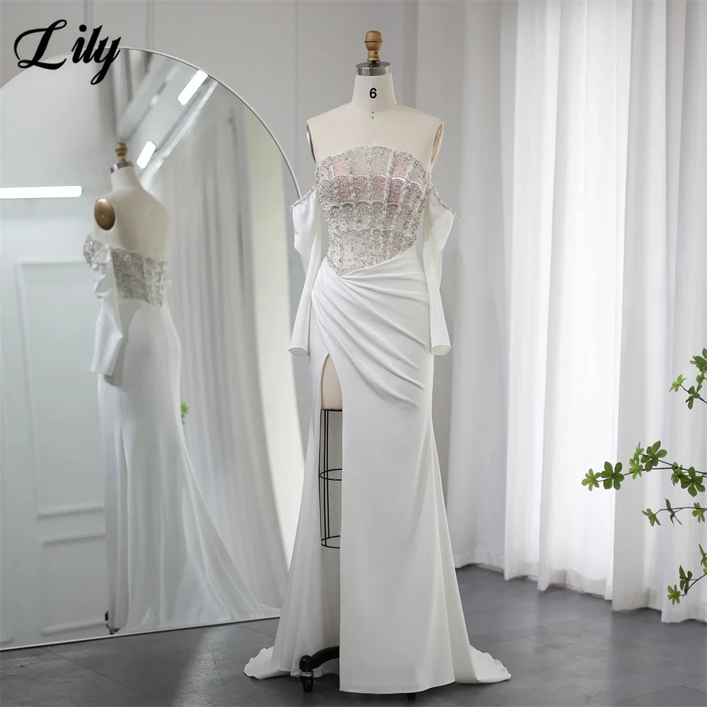 

Lily White 프롬 드레 Off the Shoulder Prom Gown Beading On Chest Trumpet Party Dresses for Formal Event High Split Customized