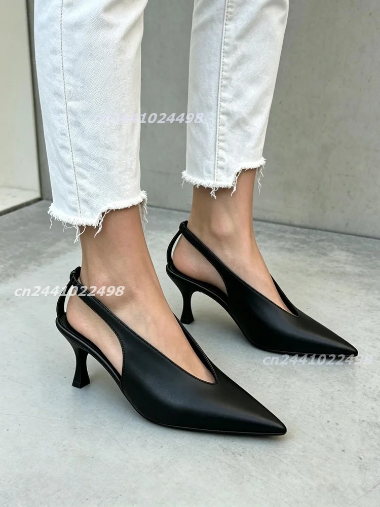 Women Pointed Toe V Cut Slingback Pumps Thin Kitten Heel, Smooth Matte Upper, Hollow Side Cut out Ladies Slip on High Heel Shoes