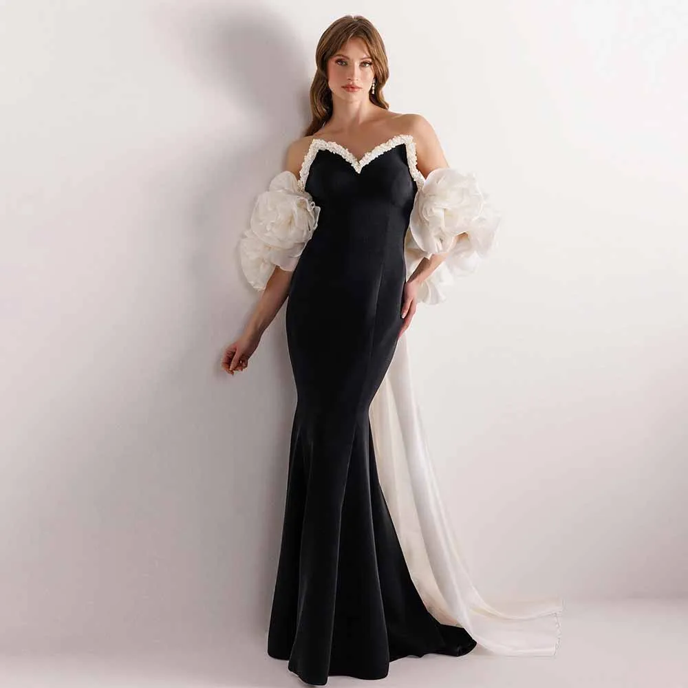 

Contrast Color Women's Evening Ball Gowns Crepe Fabric Mermaid Celebrity Dress Black and Ivory Sweetheart Pearls Cape Prom Dress