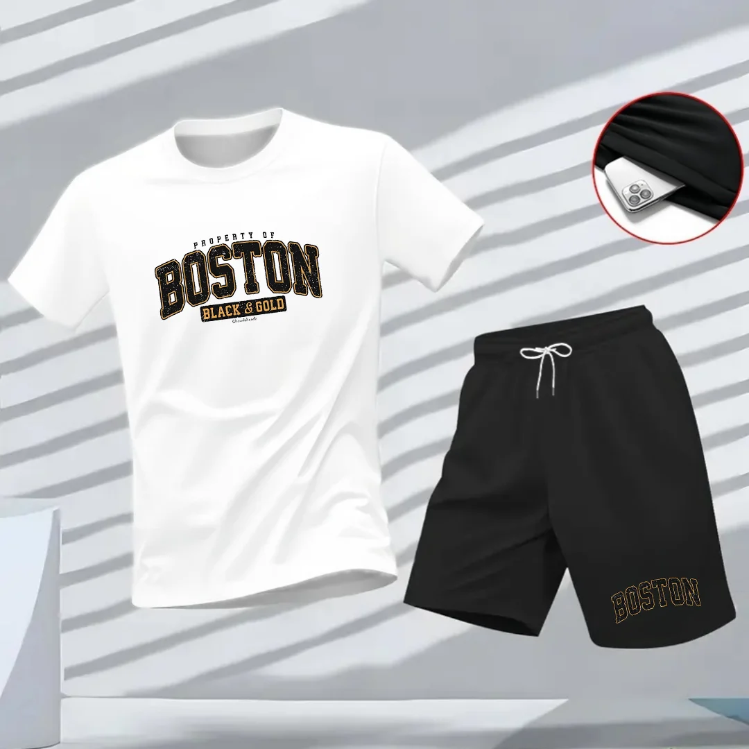 Men's summer fashion casual sporty printed sporty round-neck short-sleeved T-shirt top capri pants two-piece set