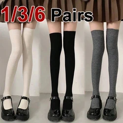 1/3/6 Pairs Women Classic Striped Knee High Stockings Fashionable Versatile Black White Gray Solid Color Comfortable Stockings 