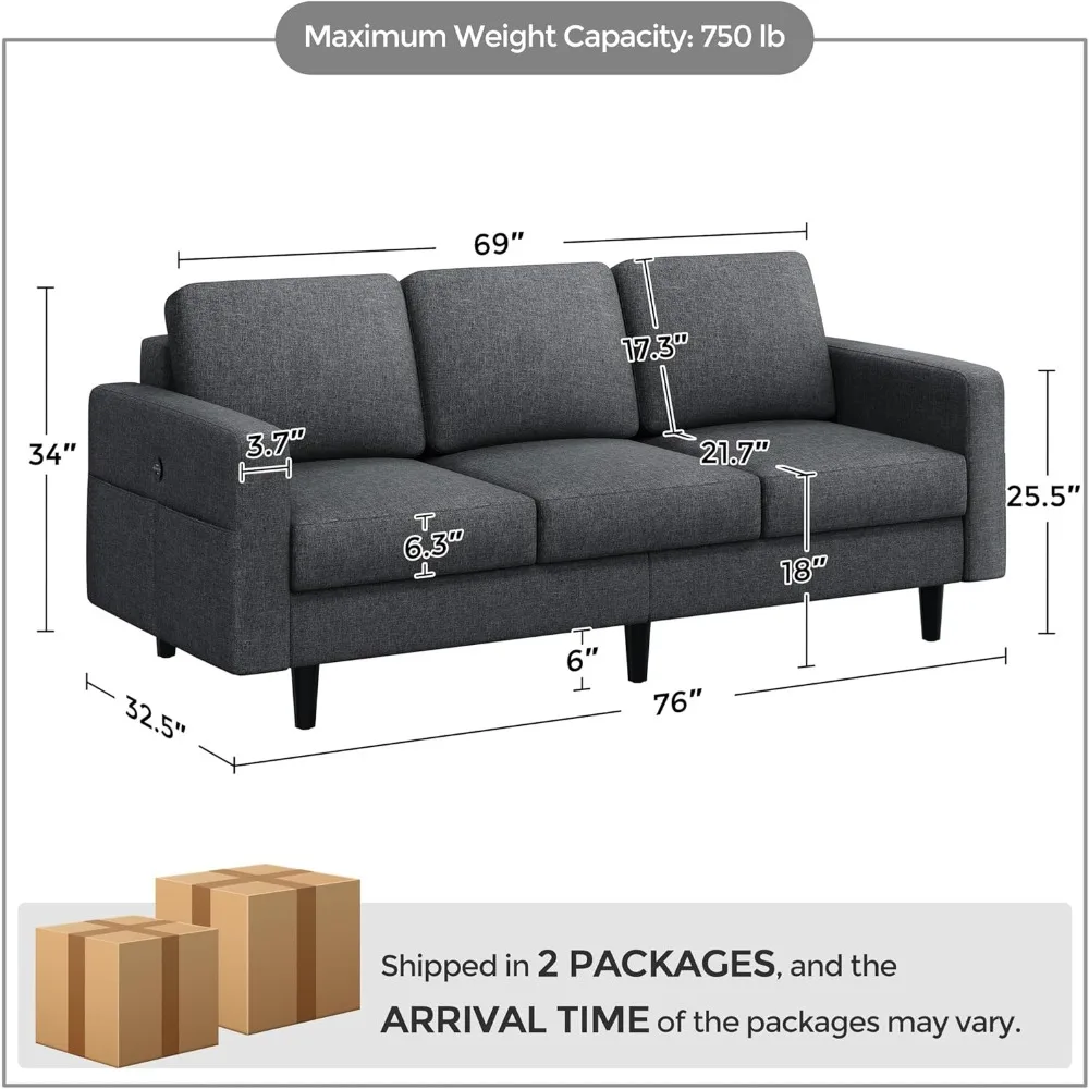 3-Seater Sofa Modern Sofa Couch Upholstered Fabric Sofa with Tufted Back Cushion & USB Ports for Living Room Apartment Lounge D