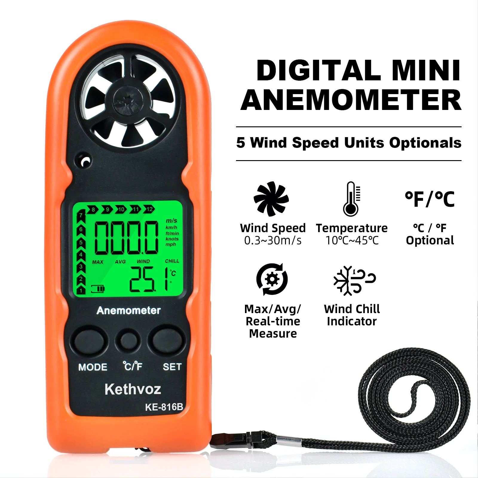

Anemometer Handheld, Mini Digital Wind Speed Meter, Measuring Temperature, Max/Average/Current Wind Speed, Wind Chill Indication
