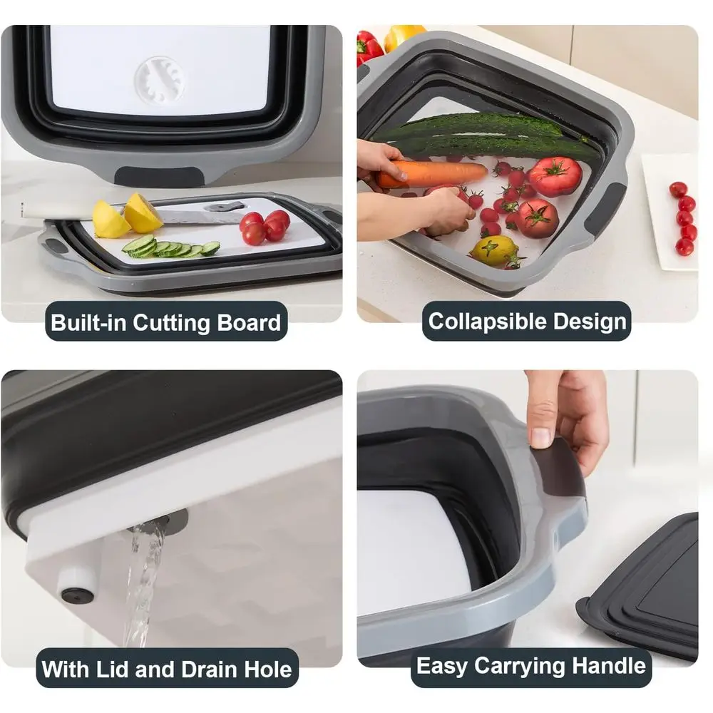 Conjunto de banheiras dobráveis para preparação de churrasco - 3 tamanhos com tampas e tábua de corte para armazenamento de alimentos, marinar e uso ao ar livre