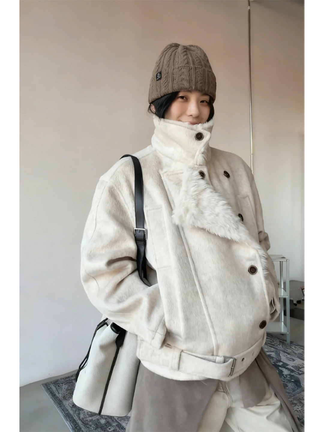 

ay Woolen Cotton Jaet Men's Thiened Double Row Button Fur Collar Winter Warm Cotton Coat Loose Fit Casual Pure Color