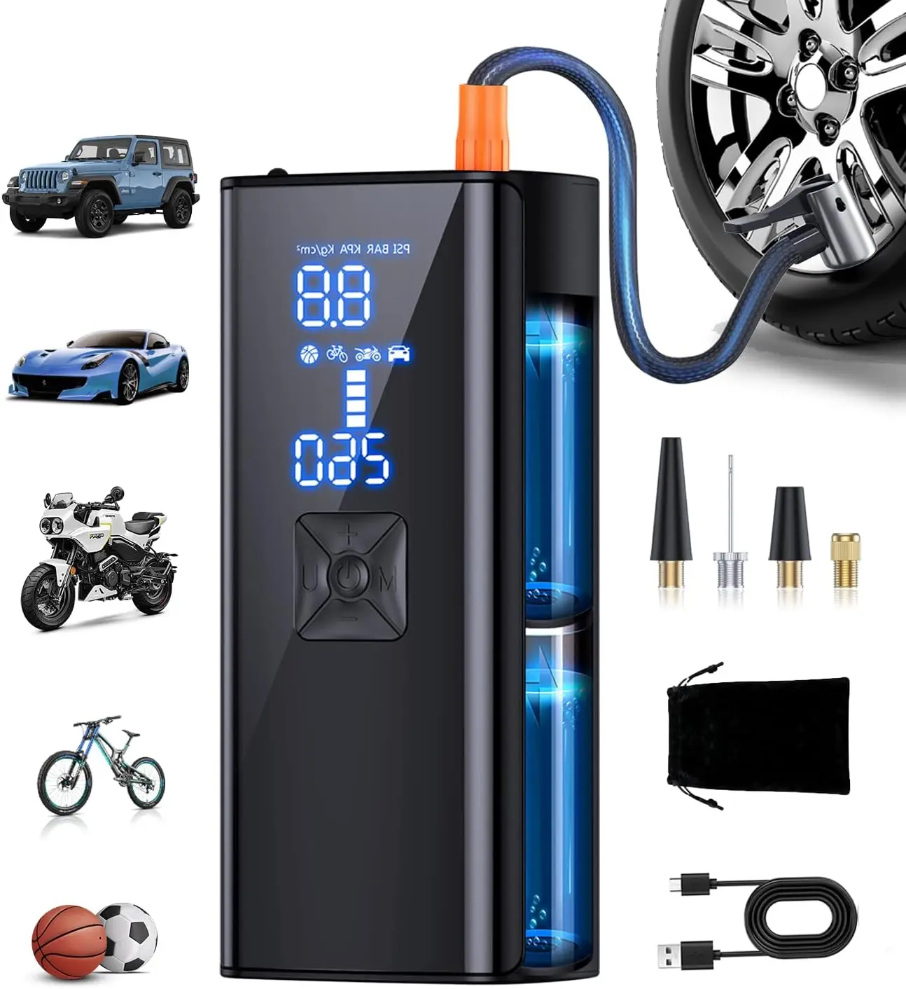 

Portable Air Compressor with Digital Gauge, 150PSI Fast Inflation for Car Bike Ball, LED Light