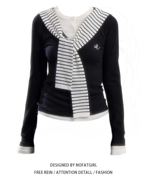 

plus Size Women's Korean Style Striped Knitwear Long Sleeve Slimming Belted Top Fashionable Autumn New Arrival
