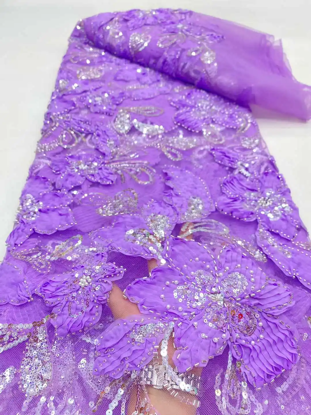 

Latest French 3D Flower Sequins lace Fabric 2026 high Quality Nigerian Sequins Beads Lace Fabric Africa wedding Sewing 5 Yards