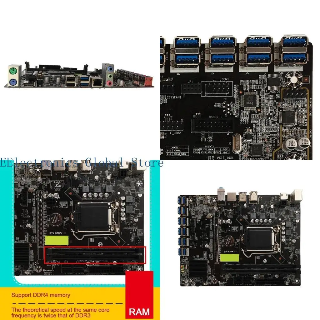 462B B250C BTC Mining Machine Motherboard 12 USB 3.0 to PCI-E X16 Graphics Card Support LGA 1151 2DDR4 DIMM 4xSATA for Miner