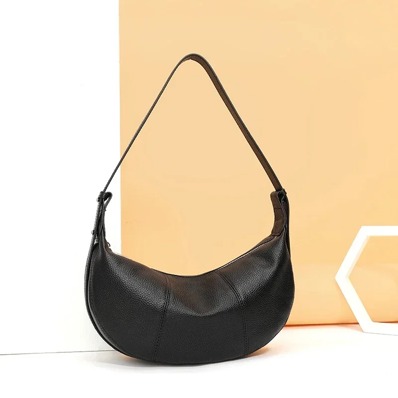 100% Echtes Leder Schultertasche für Damen Große Kapazität Halbmond-Form Designer Kuhledertasche für Pendler Shopper-Tasche – Detail 1