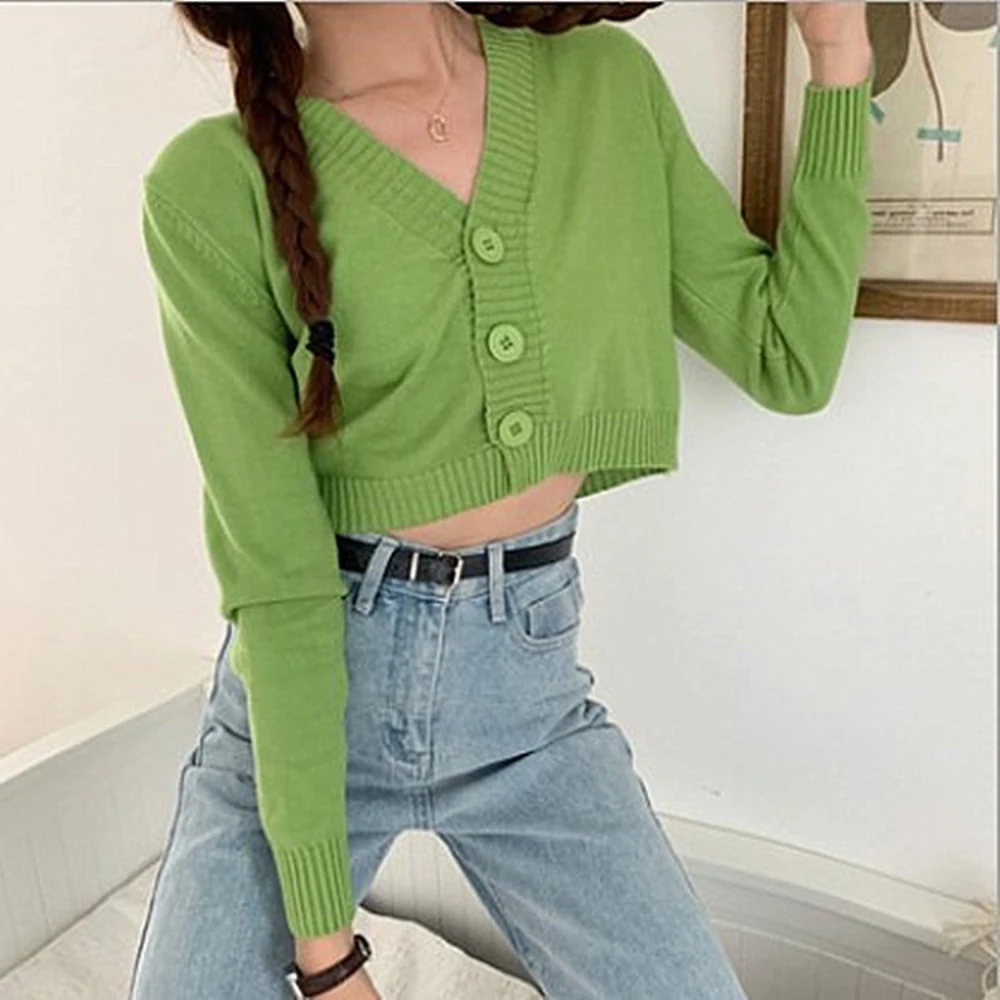 

Solid Color Short High Waist Long Sleeve Shawl V-Neck Women Knitted Sweater Cardigan Jacket Sehe Fashion