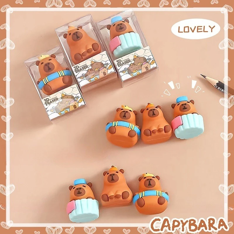 1pc Random Cartoon Capybara Rubber Erasers Kawaii Aesthetic Stationery Office Supplies Three-dimensional Rubber Erasers Gift