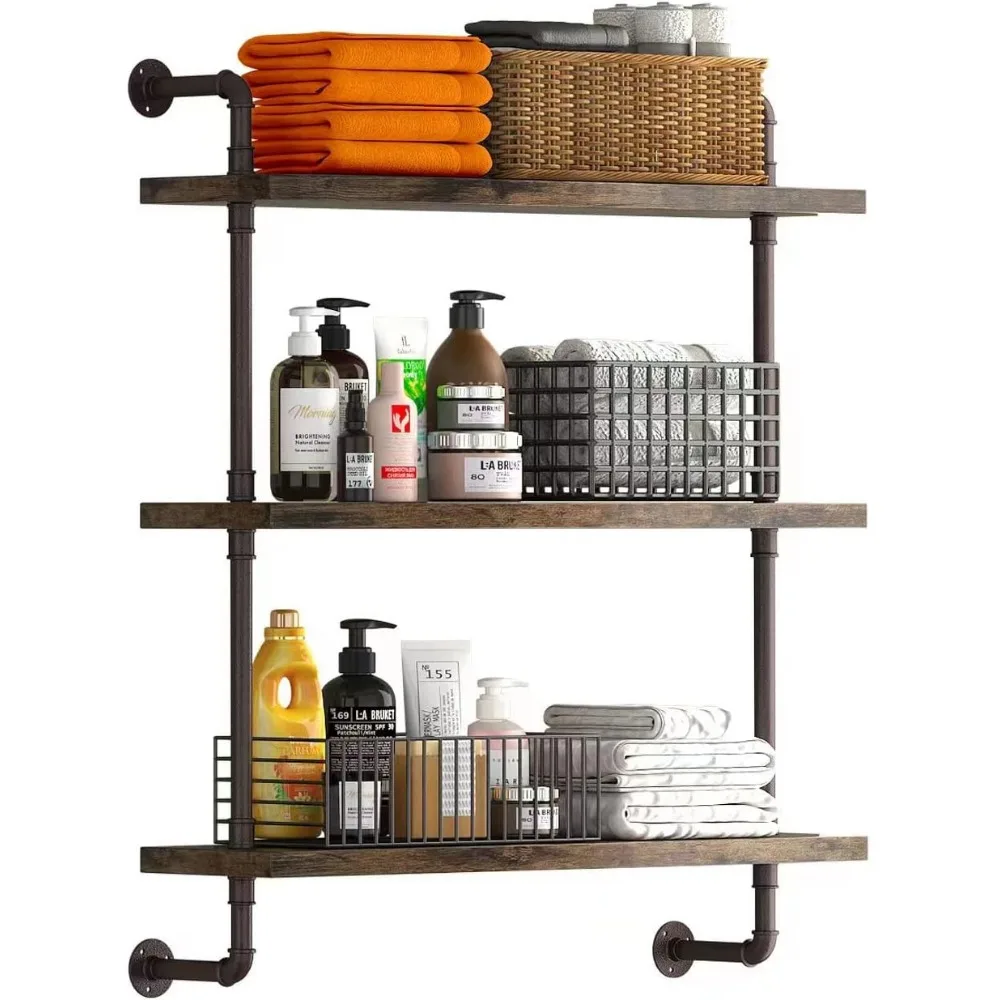 

3-Tier Industrial Pipe Shelf Rustic Wood Floating Shelves for Kitchen Office Bathroom Storage and Home Decor