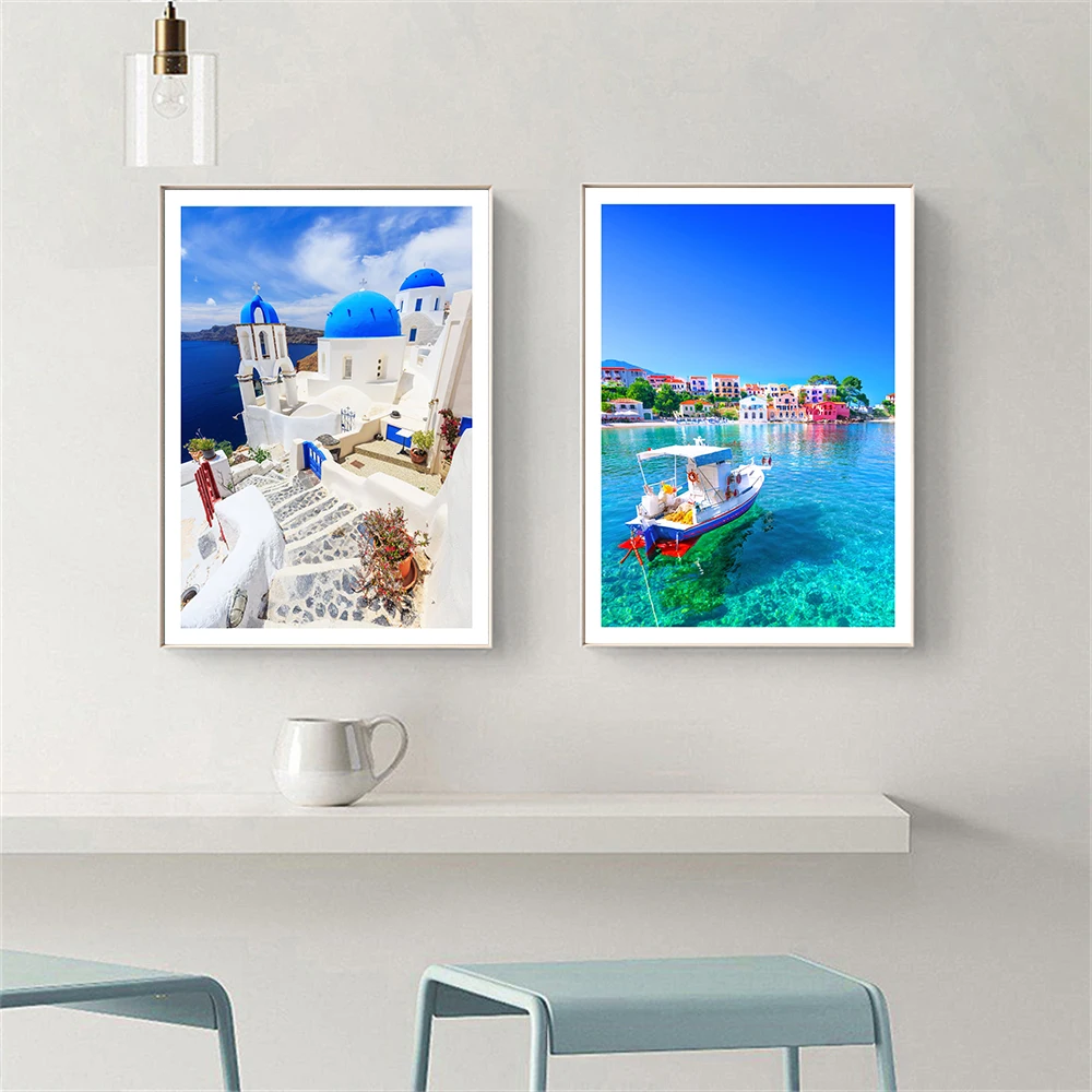 مجموعة من 3 ملصقات مطبوعة يونانية على شكل جزيرة يونانية صور ملصقات سفر Kefalonia قماش يطبع سانتوريني كوس ديكور منزلي هدية عيد ميلاد #2