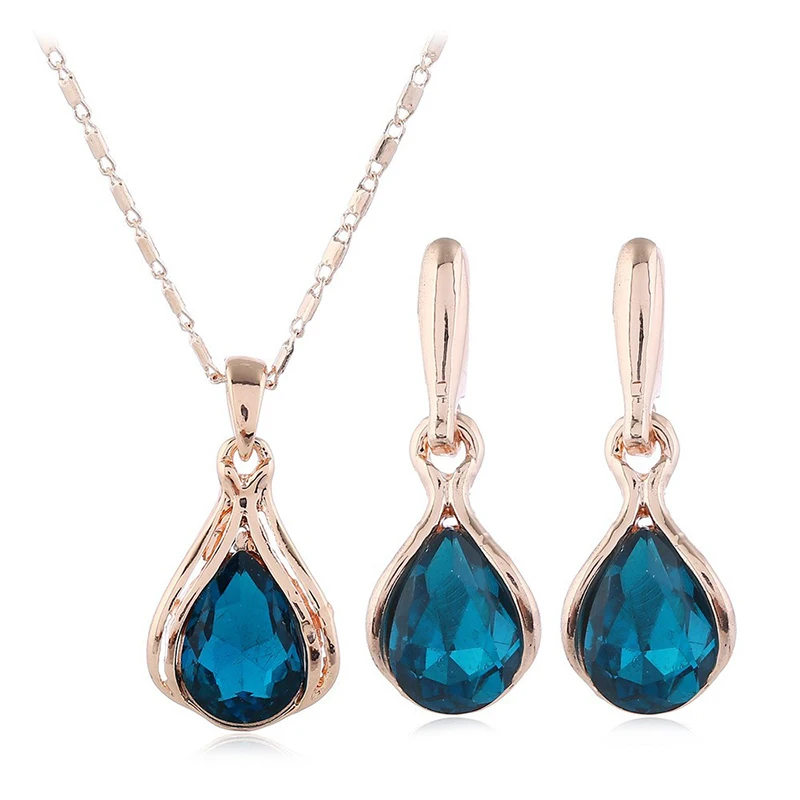 Fashion Blue Crystal Creative Geometric Wedding Earrings Necklace Set Women's Water Drop Pendant Necklace Earrings Set