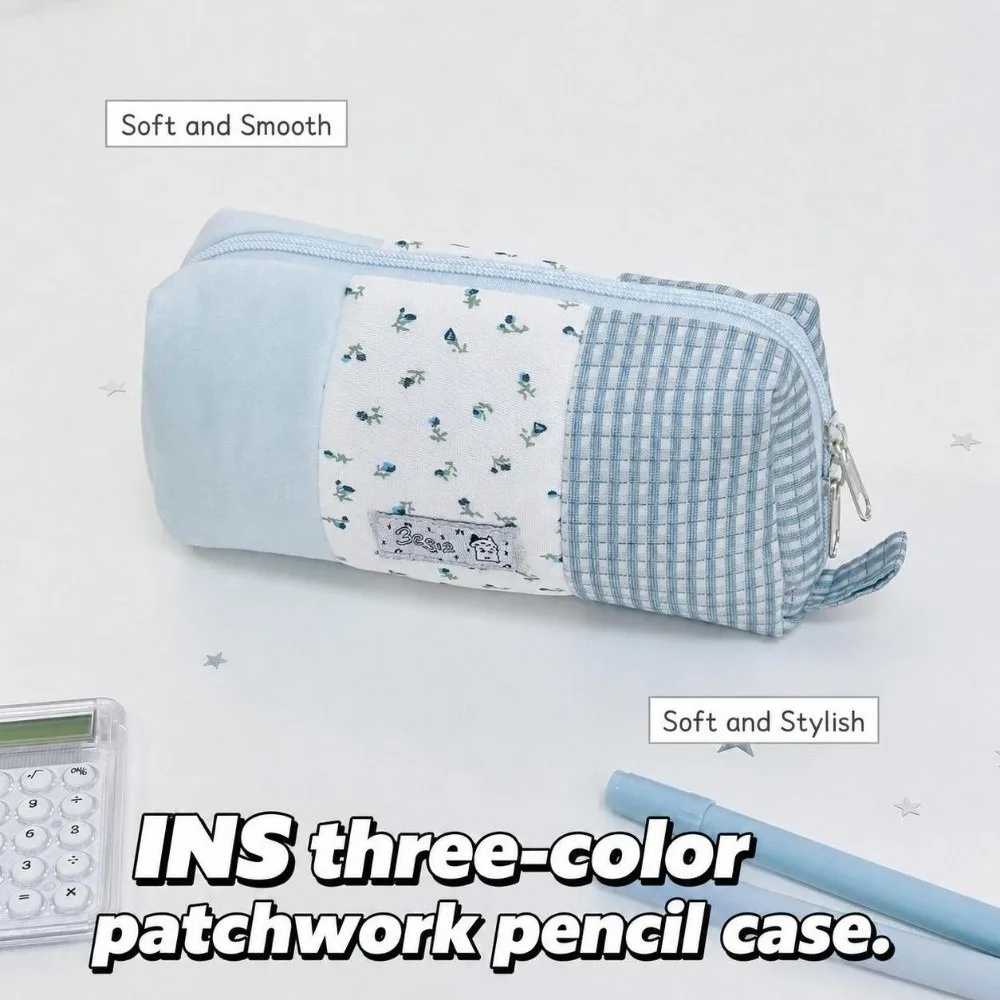 Korean Style Patchwork Pencil Case Floral Plaid Splicing Large Capacity Pen Bag Pencil Pouch Gift