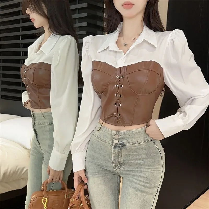 Korean Spicy Girl Fake Two-piece Shirt Women Fashion Polo Neck Leather Jacket Patchwork Lace Up Motorcycle Cool Chic Spring Wear