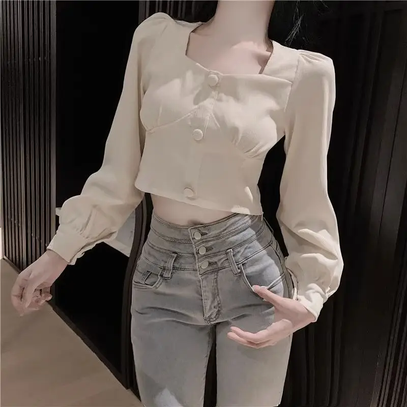 Autumn Square Neck Bubble Sleeve Top Niche Single Breasted Base Shirt Long Sleeved Student Shirt Women's Clothing