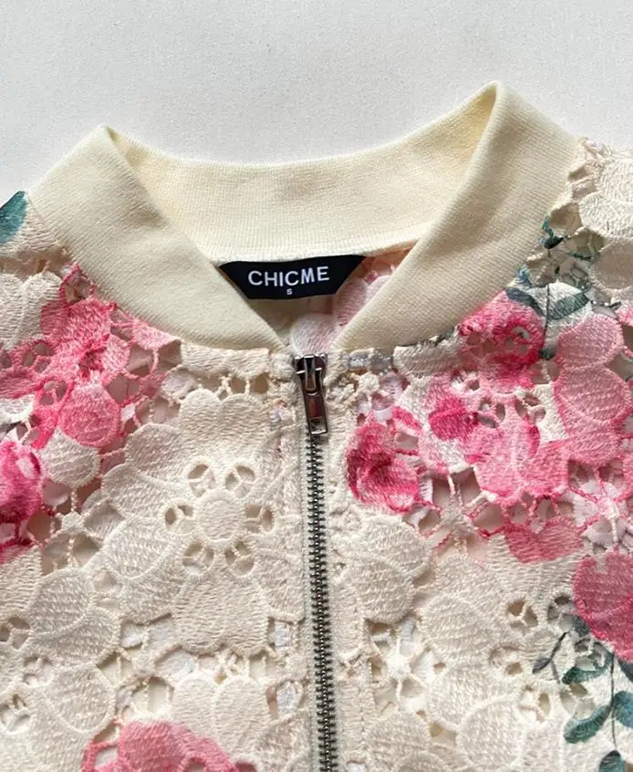 Y2K Women's Jacket 2025 Fashion Floral Print Baseball Collar Zip Up Water-Soluble Lace Coat Casual Hollow-Out Bomber Jacket