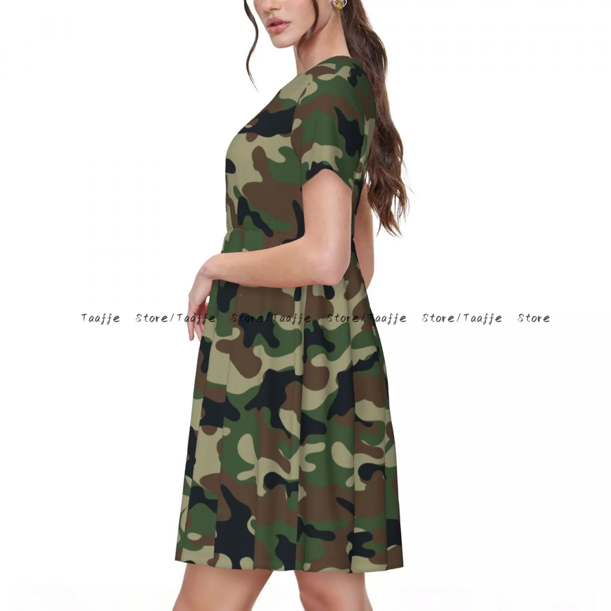 Women Casual Elegant Dress Camouflage Pattern Short Sleeves Loose Dresses Weekend Holiday