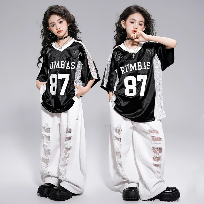 Girls Hip Hop Street Dance Clothes Black Short Sleeve T Shirt White Ripped Pants Modern Kpop Costume Jazz Performance Stage Wear