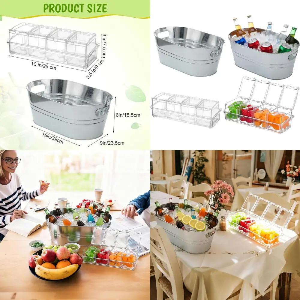 

Pair of 4-Gallon Galvanized Metal Ice Buckets with Condiment Caddy, Clear 4-Compartment for Parties & Celebrations