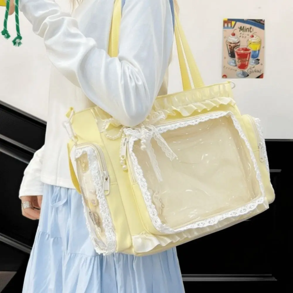 Sac bandoulière transparent style Lolita, grande capacité, avec nœud et pendentif, sac à main japonais mignon pour fans d'anime