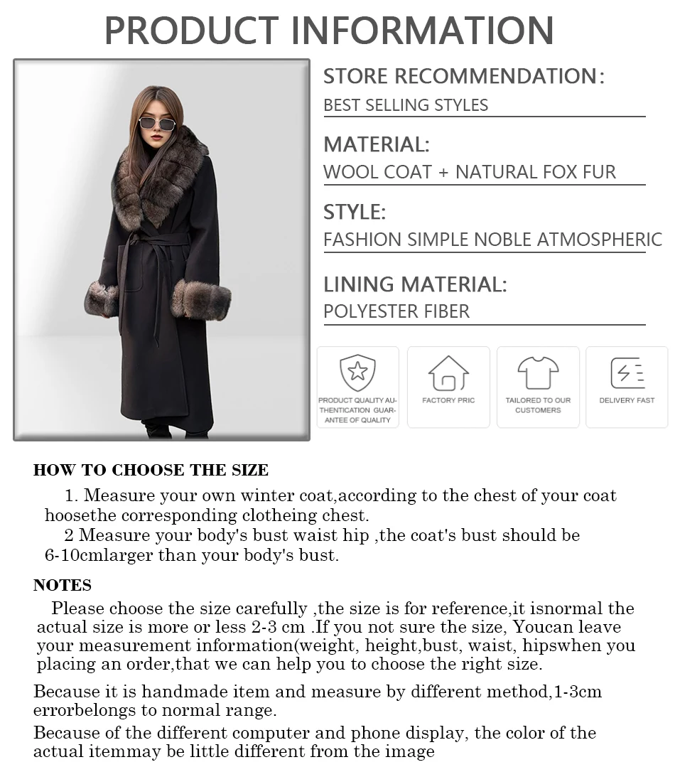 ใหม่ CASHMERE Coat ผู้หญิงผ้าขนสัตว์ผสมยาวขนสุนัขจิ้งจอกจริง Trim ขนสัตว์ธรรมชาติแจ็คเก็ตเสื้อผ้าหรูหราเสื้อขนสัตว์แคชเมียร์
