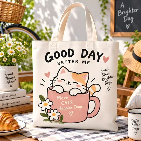 Cute Cat In Cup Tote Bag Canvas Bag Good Day Slogan Print Shopping Bag Large Capacity Women Shoulder Bag Reusable Handbag