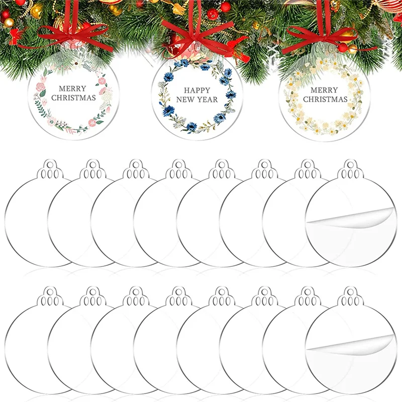 72 Pcs 3.5Inch Acrylic Ornament Blank with Holes Round Acrylic Christmas Ornaments Bulk for Holiday Decorations Type 2