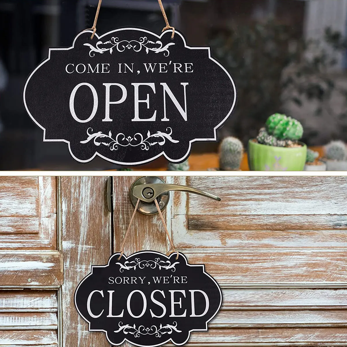 Open and Closed Business Sign Retro Wooden Stores Hanging Sign Waterproof Double Sided Reversible Business Sign for Door Window