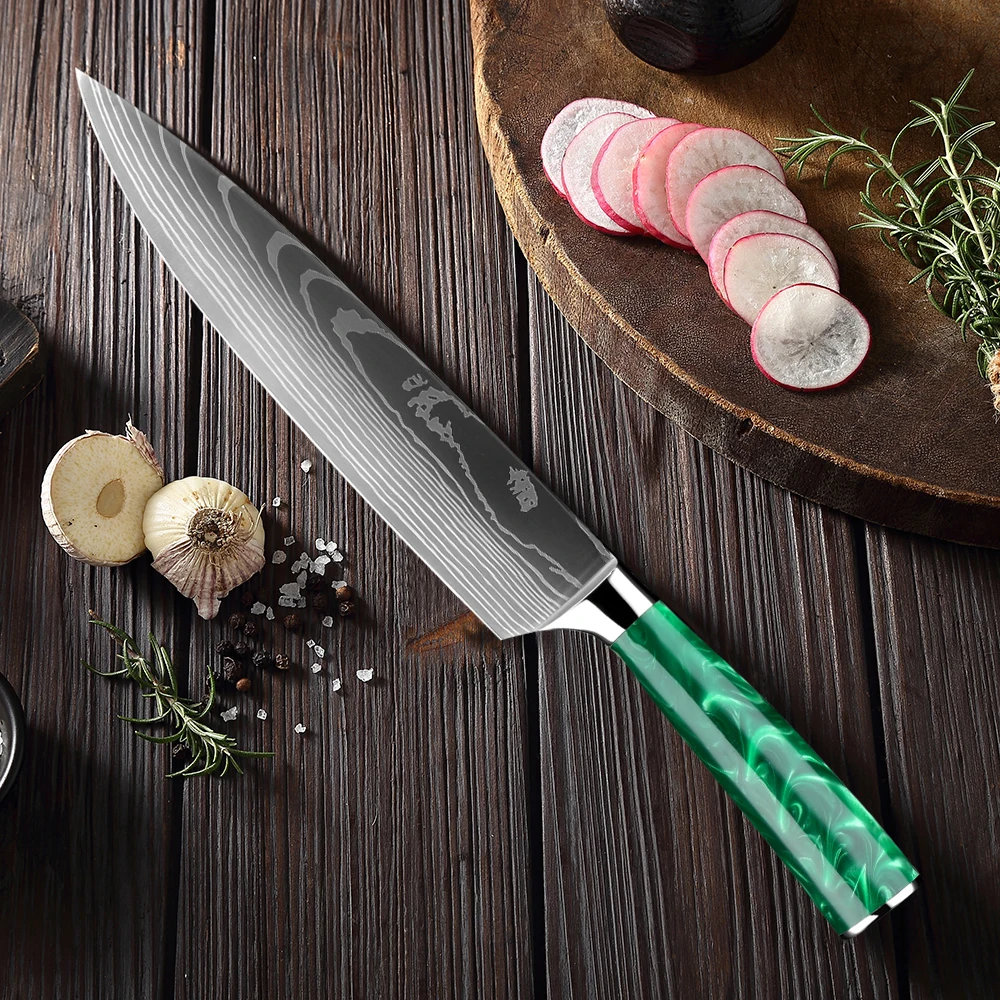 XITUO Chef knife 8 Inch Kitchen Knife Sharp Salmon and Ham Slicing Knife Green Resin Handle Blade With Laser Damascus Pattern