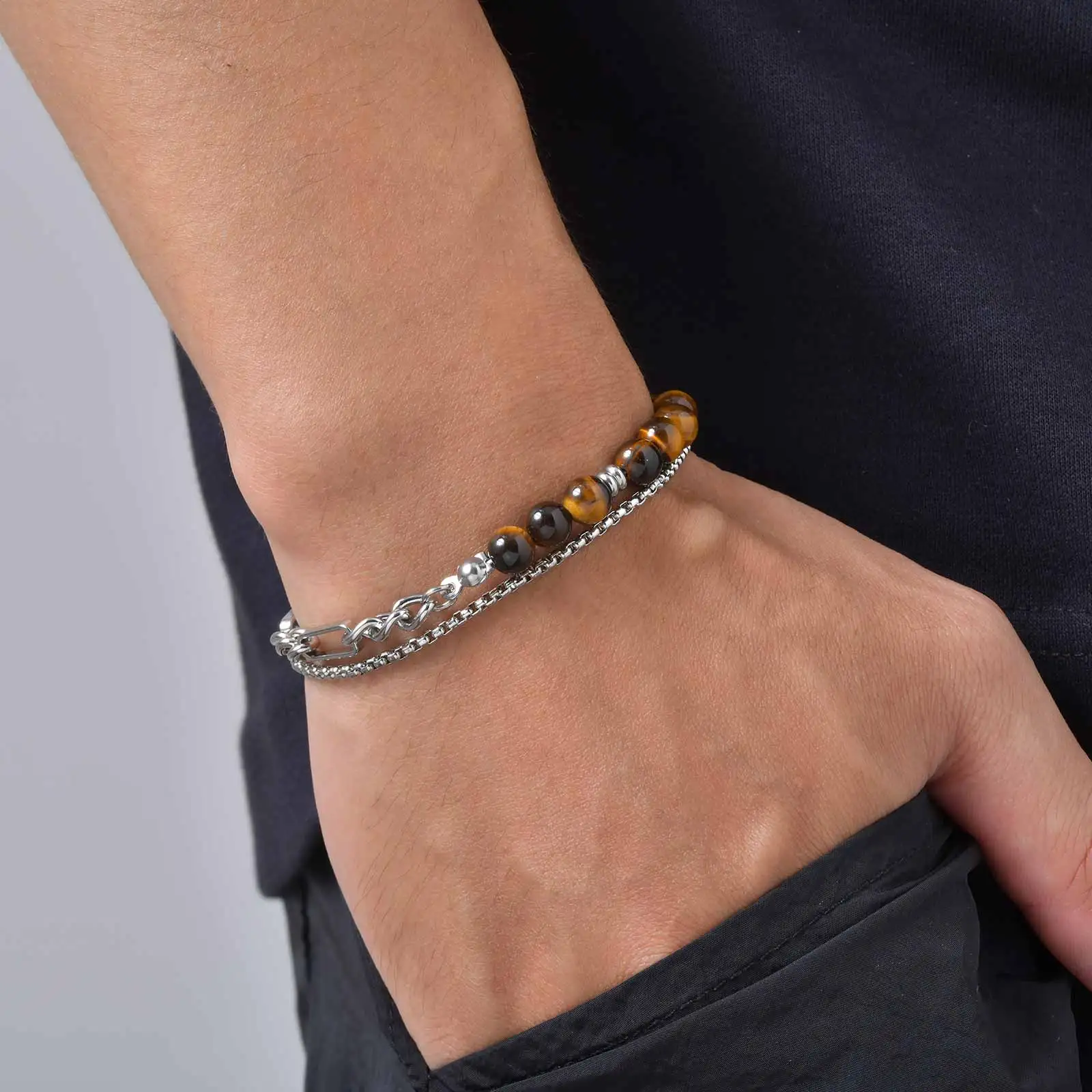 Vnox Naturstein-Perlenarmband für Herren, Edelstahl-Mehrschichtkette, Tigerauge, Obsidian, verstellbarer Armschmuck, Geschenk – Detail 3