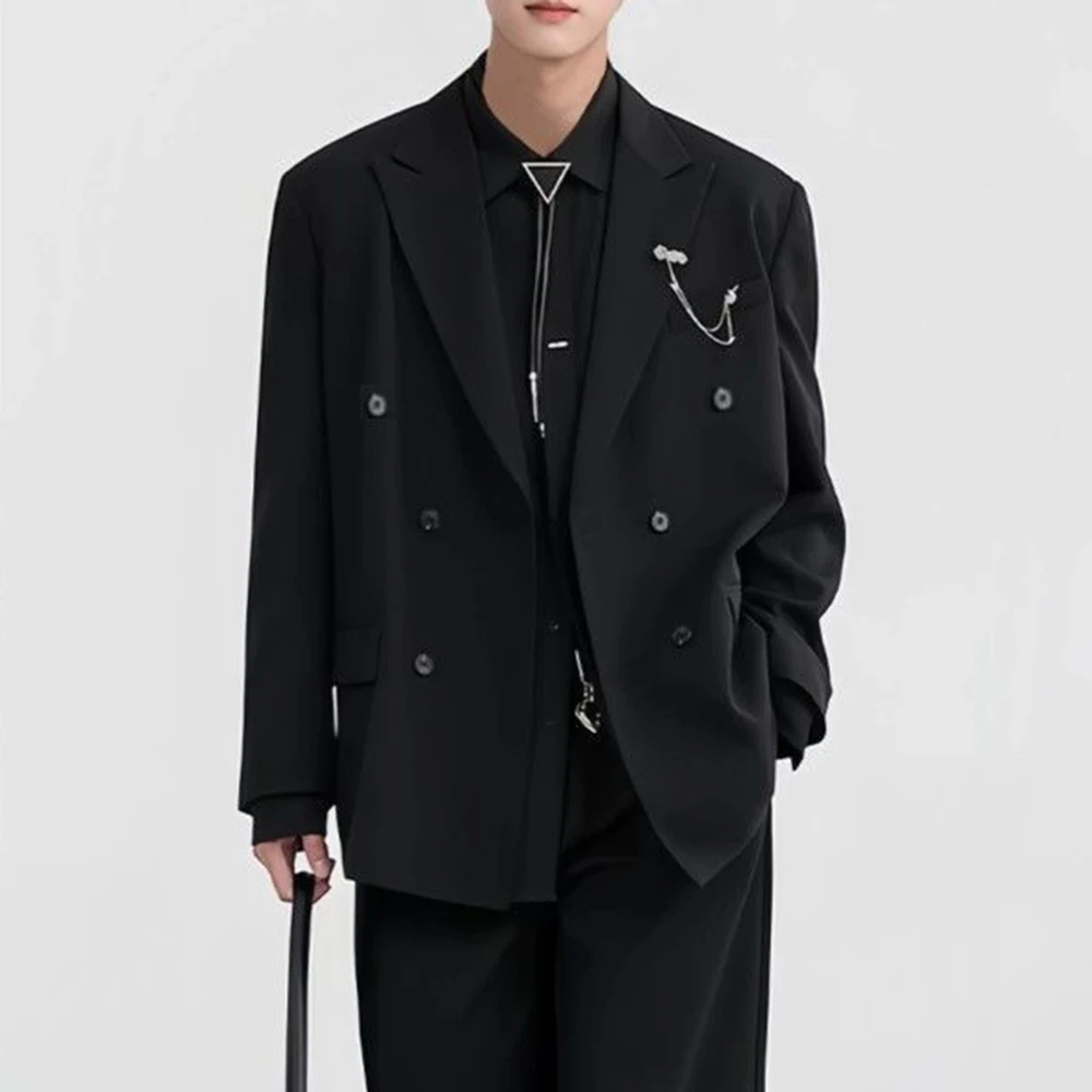 

2025 Winter New Male Solid Color Double-Breasted Long-Sleeve Suit Jacket Retro Fashion Trendy High Street Casual Loose Men's Top