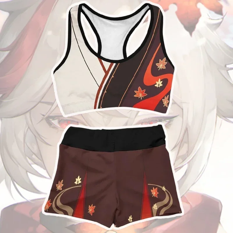 2023 Anime Kaedehara Kazuha Swimsuit Cute Genshin Impact Cosplay Bikini Sets Costume Summer Maple Leaf Pattern Tops and Pant # 1