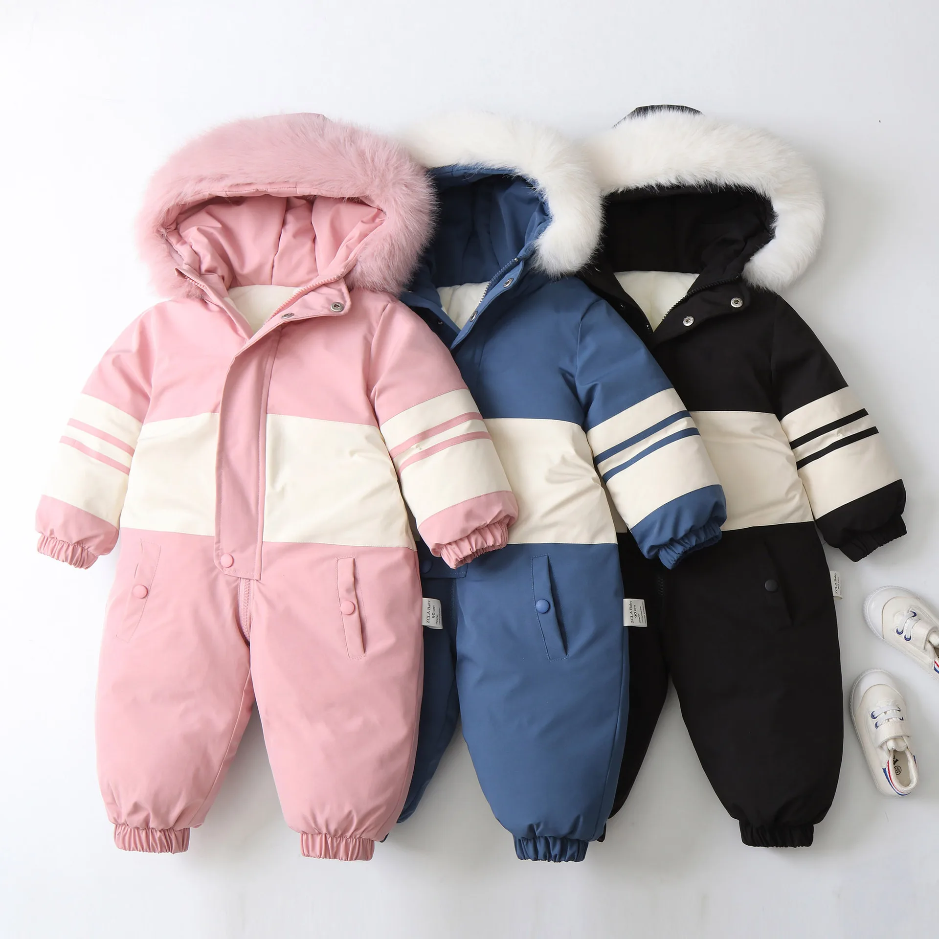 Children's Onesie Color Matching Hooded Fleece Thickened Ski Suit Winter New Baby Climbing Suit