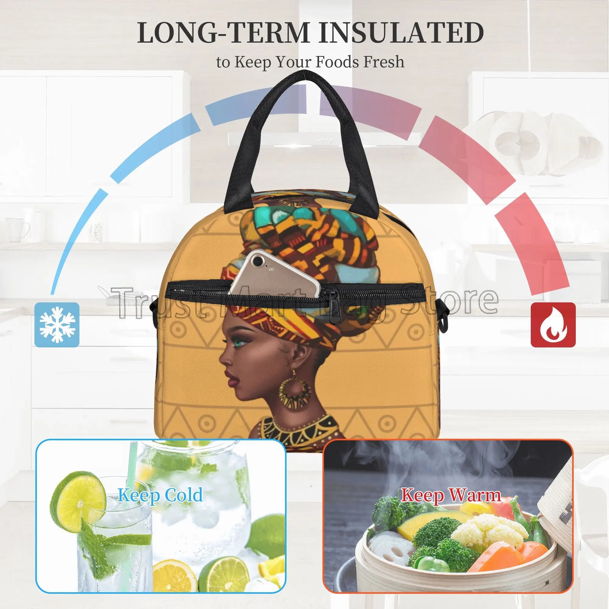 African American Black Girl Pattern Insulated Lunch Bag Reusable Thermal Lunch Box with Shoulder Strap for Work Picnic Beach