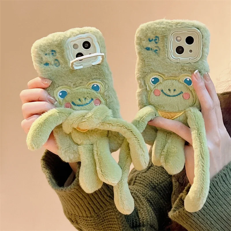 Cartoon Plush Fur Phone Case for Huawei P40 P50 P60 Pro Pura 70 Pro Lovely Frog Animal Cover Soft Warm Stand Phone Shell Cases