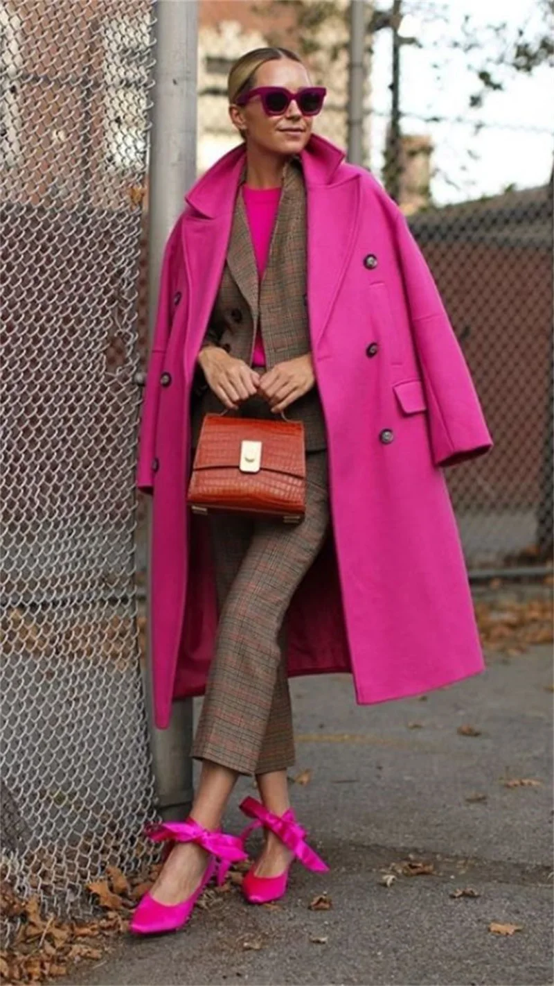 Hot Pink Women Suits Blazer Wool Long Overcoat Formal Winter Thick Cashmere Double Breasted Custom Made Jacket Trench Coat